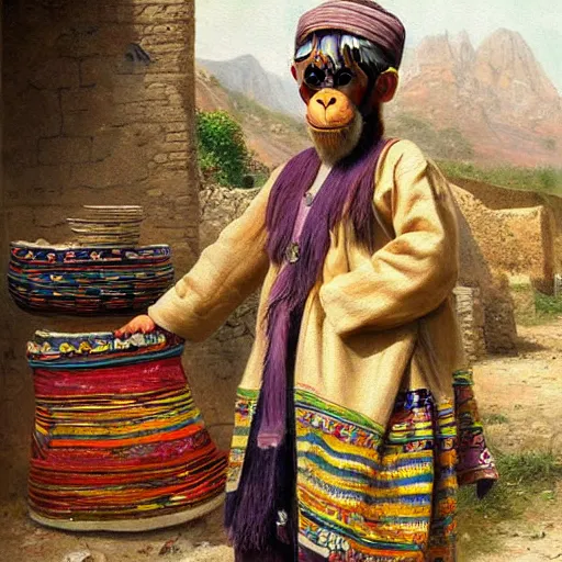 Image similar to beautiful painting by sophie anderson of a chimpanzee wearing kurdish clothes in a kurdish village, award winning art, insanely detailed, bright colors, global illumination, cute, young, stunning