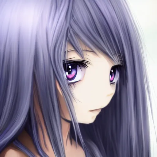 Prompt: anime, young girl with long wavy light silver hair with blackness int the eyes, hd,