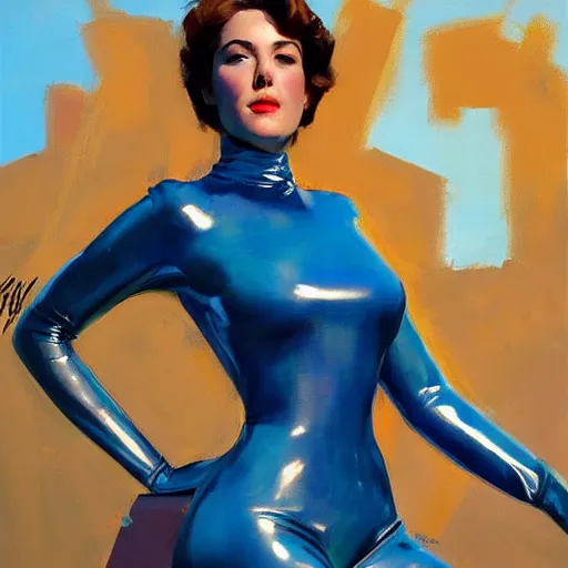 Image similar to greg manchess portrait painting of female wearing a latex suit as addison rae, medium shot, organic painting, sunny day, matte painting, bold shapes, hard edges, street art, trending on artstation, by huang guangjian and gil elvgren and sachin teng