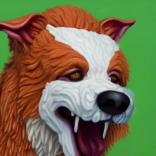 Image similar to high detail oil painting of a rabid dog, rabies foam made of emoji smiley faces, trending on artstation