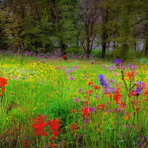 Image similar to photograph of a farm of colourful wildflowers, spring season, atmospheric