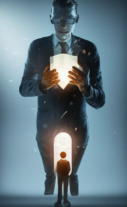 Image similar to scientist is holding a folder, he is in shock, dark building, the folder glows and lights up his face, professional lighting, 3 d digital modeling, movie scene, concept art, detailed art,