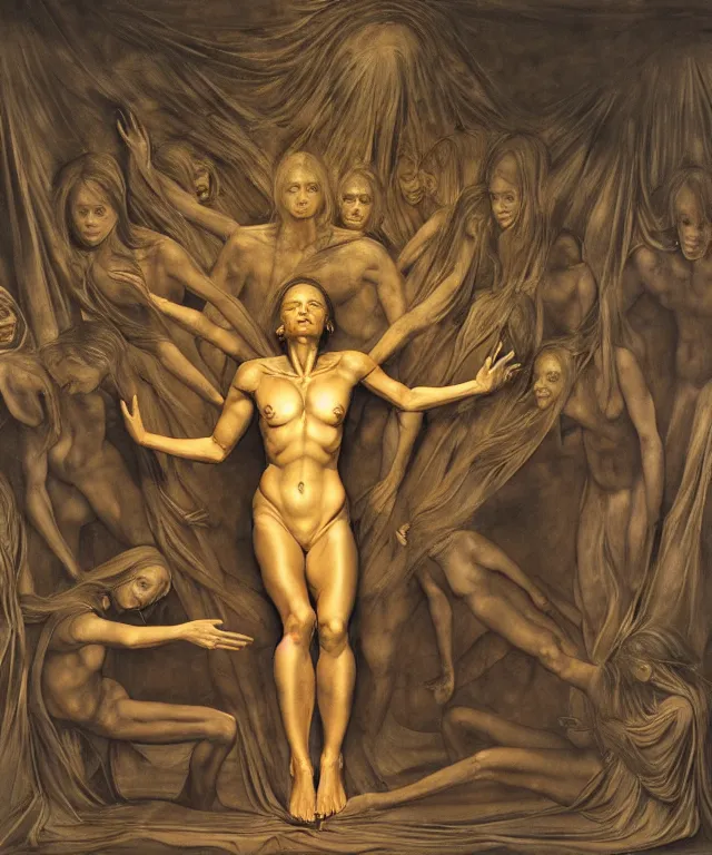 Image similar to The dark room without doors and windows with beautiful full-body wax sculpture of the glowing transparent woman with visible golden bones inside her in the singularity where stars becoming baroque folds of dark matter by Michelangelo da Caravaggio, Nicola Samori, William Blake, Alex Grey and Beksinski, dramatic volumetric lighting, super detailed oil painting, 8k, masterpiece