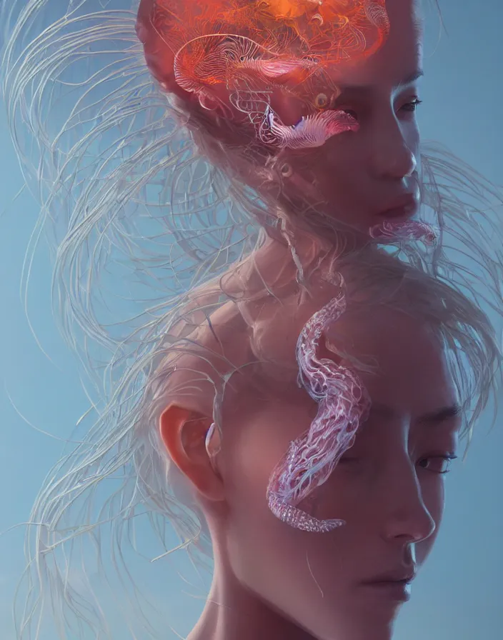 Image similar to goddess portrait. jellyfish phoenix head. intricate artwork by Tooth Wu and wlop and beeple. octane render, trending on artstation, greg rutkowski very coherent symmetrical artwork. cinematic, hyper realism, high detail, octane render, 8k