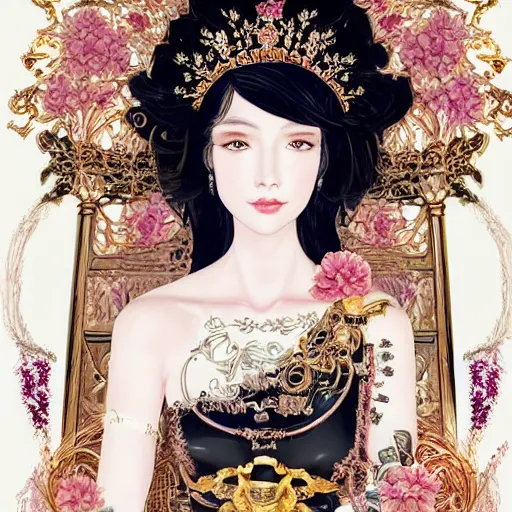 Prompt: a beautiful black haired woman with pale skin and a crown on her head sitted on an intricate metal throne, flower decoration on the background, beautiful illustration, atmosphere, top lighting, perfect composition, smooth, highly detailed, art by so - bin and yuhong ding and chengwei pan,
