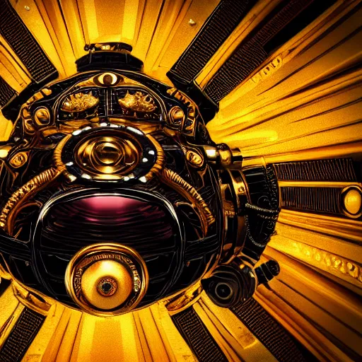 Prompt: steampunk spaceship gold black and rose, shiny golden, studio light, 4 k, highly detailed, black background, light on top