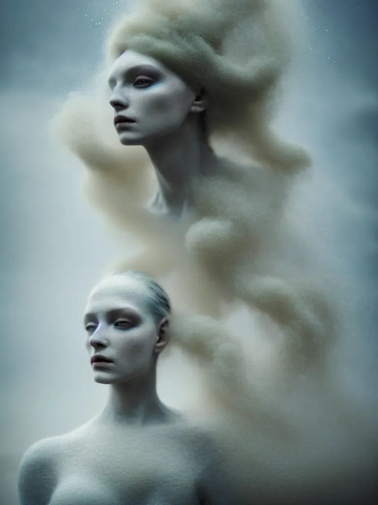 Image similar to kodak portra 4 0 0 fine art portrait by paolo roversi of a dystopian woman hybrid white sand smoke statue in a scenic dystopian environment, sand smoke hair floating in air, dreamy intricate, elegant, highly detailed, digital art, artstation, smooth, sharp focus, tomasz alen kopera, peter mohrbacher, donato giancola, tonal colors