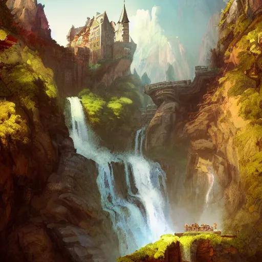 Image similar to A beautiful digital painting of a castle, waterfall, lovely valley by Stanley Artgerm Lau, frank frazetta, Rossdraws, James Jean, gerald brom, Andrei Riabovitchev, Marc Simonetti, and Sakimichan, trending on artstation