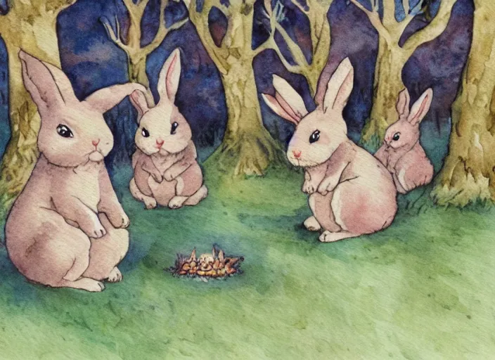 Prompt: old kids book illustration of bunnies doing a demonic ritual in a small cute forest. watercolor painting.