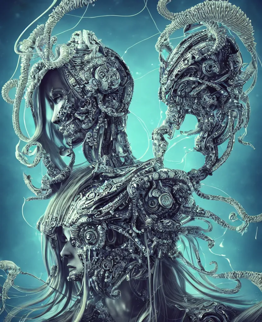 Image similar to close-up macro portrait of the face of a beautiful princess with ram skull mask, epic angle and pose, symmetrical artwork, 3d with depth of field, blurred background, cybernetic jellyfish female face skull phoenix bird, translucent, nautilus, energy flows of water and fire. a highly detailed epic cinematic concept art CG render. made in Maya, Blender and Photoshop, octane render, excellent composition, cinematic dystopian brutalist atmosphere, dynamic dramatic cinematic lighting, aesthetic, very inspirational, arthouse. y Greg Rutkowski, Ilya Kuvshinov, WLOP, Stanley Artgerm Lau, Ruan Jia and Fenghua Zhong