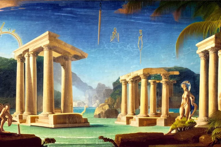 Image similar to Doric temple on front of balustrade and palace columns, refracted lightnings on the ocean, thunderstorm, tarot cards characters, beach and Tropical vegetation on the background major arcana sky and occult symbols, by paul delaroche, hyperrealistic 4k uhd, award-winning, very detailed paradise