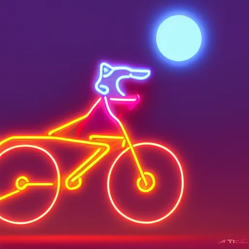 Prompt: dog riding a neon bike in the night, digital art, hd, high quality, trending on artstation