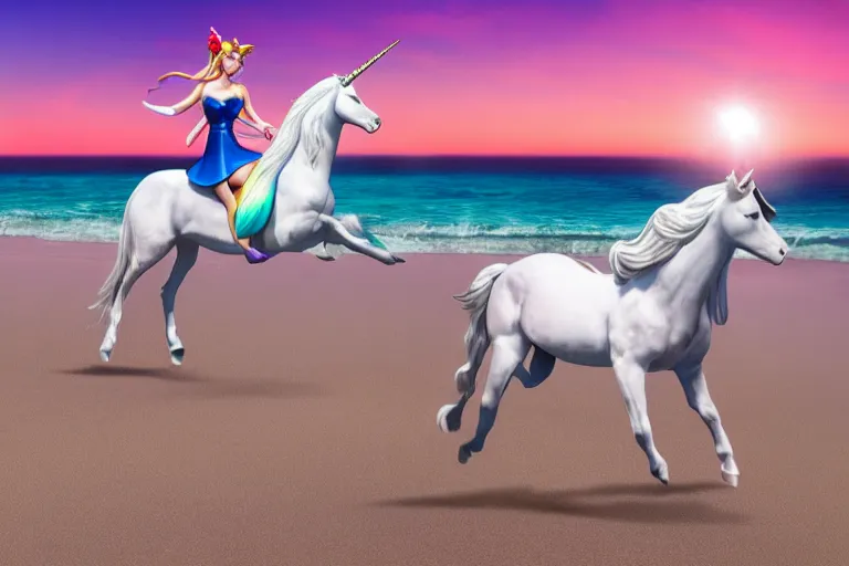 Image similar to sailormoon riding a unicorn on a beach, photograph, realistic, landscape, 4k