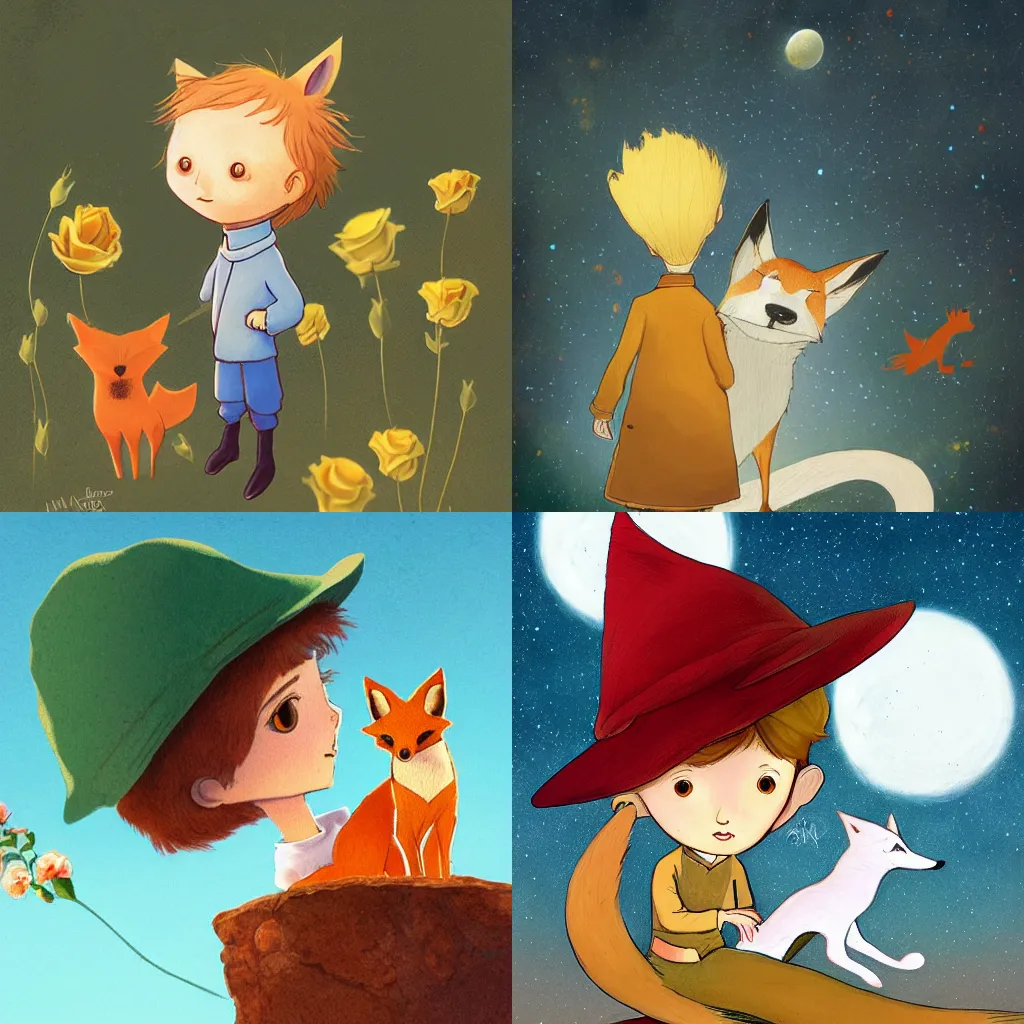 Prompt: an illustration from The little prince, a boy with a fox and a rose, elegant, artstation, concept art, illustration, highly detailed