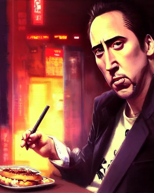 Prompt: portrait Anime Nicholas cage eating burger smoking Sharp fine face, pretty face, realistic shaded Perfect face, fine details. Anime. cyberpunk realistic shaded lighting by katsuhiro otomo ghost-in-the-shell, magali villeneuve, artgerm, rutkowski Jeremy Lipkin and Giuseppe Dangelico Pino and Michael Garmash and Rob Rey