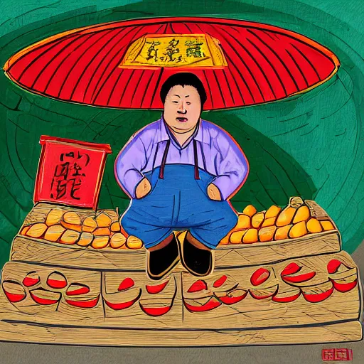 Prompt: a chinese fat guy lay on the ground with blood in a melon stall,digital art