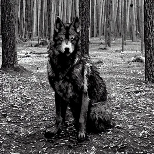 Prompt: giant wolf in blair witch project