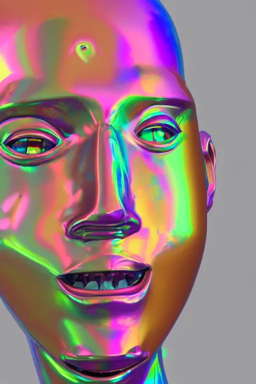Image similar to 3d render of holographic angry human robotic screaming angry bust made of glossy iridescent, screaming, bust, surrealistic 3d illustration of a human non-binary, non binary model, 3d model human, cryengine, made of holographic texture, holographic material, holographic rainbow, concept of cyborg and artificial intelligence