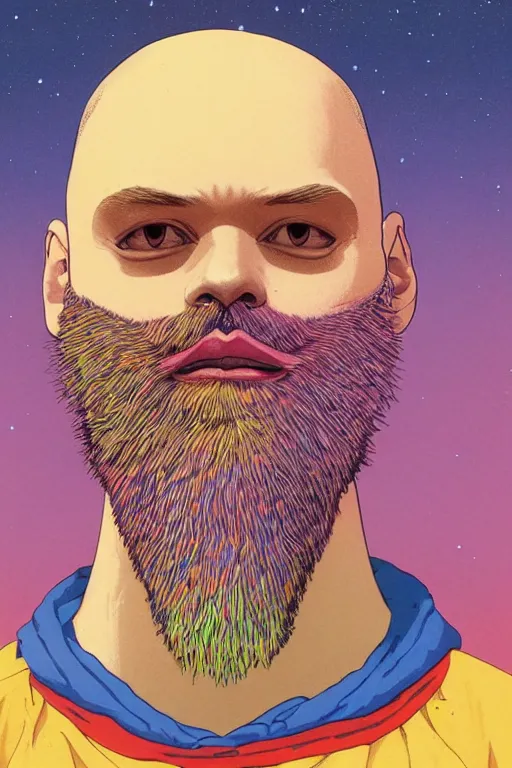 Image similar to a colorful closeup portrait of a young bald man with a wild beard dreaming psychedelic hallucinations while taking lsd blotter acid in the vast icy landscape of antarctica, by kawase hasui, moebius and edward hopper, colorful flat surreal design, hd, 8 k, artstation