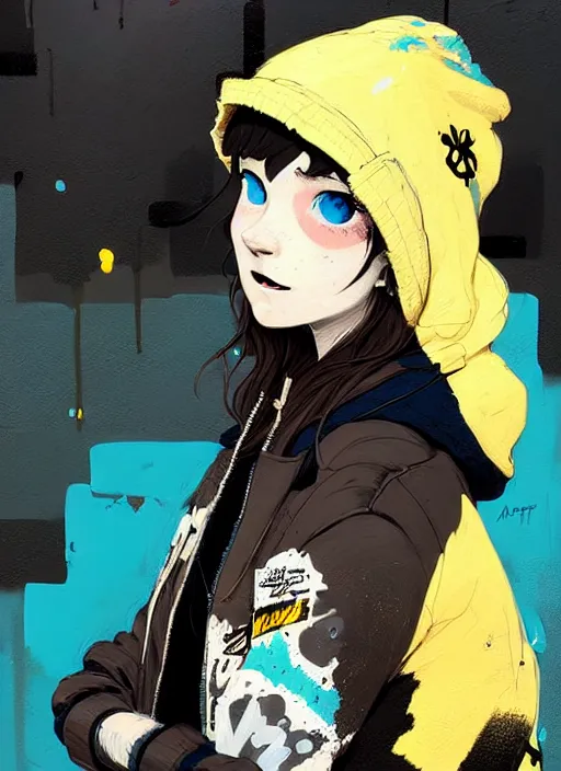 Image similar to highly detailed portrait of a sewerpunk student lady, blue eyes, hoody, beanie hat, white hair by atey ghailan, by greg tocchini, by jim mahfood, by greg rutkowski, by joe fenton, by kaethe butcher, gradient yellow, black, brown and cyan color scheme, grunge aesthetic!!! ( ( graffiti tag wall background ) )