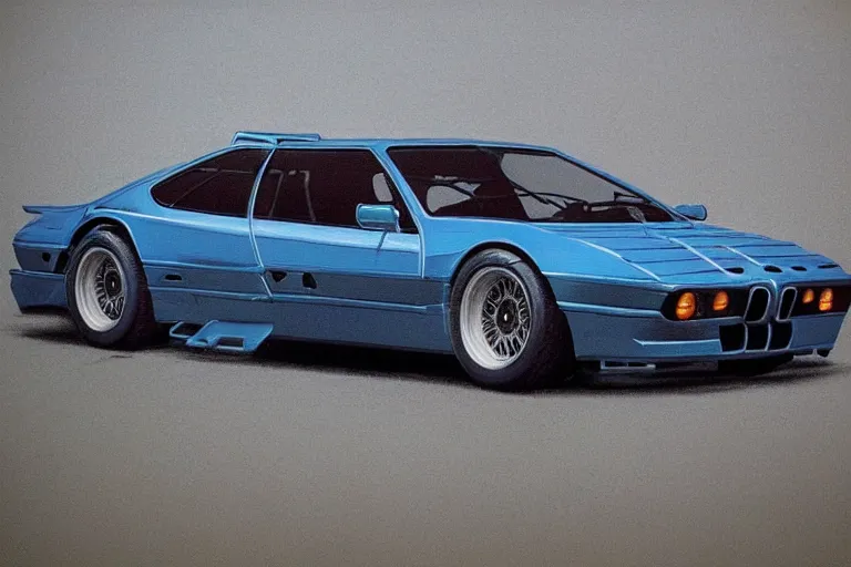 Image similar to intricate, 3 d, bmw m 1, style by caspar david friedrich and wayne barlowe and ted nasmith.