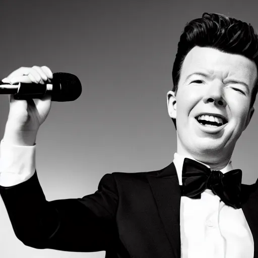 Image similar to young Rick Astley singing into a microphone, dancing, black suit, black and white striped shirt, white background