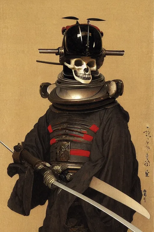 Image similar to portrait of a skull man japanse samurai astronaut with samurai helmets, by bouguereau