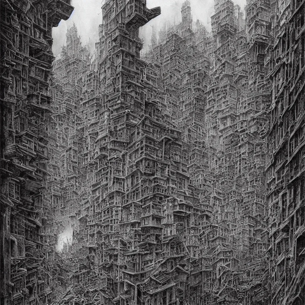 Prompt: old city inhabited by feeble eldritch beings, clear view of lovecraftian civilians, Mattias Adolfsson!!!, Piranesi!, Zdzisław Beksiński!!!!, greeble, modern European ink painting, storybook illustration, watercolor, dystopian, surrealism
