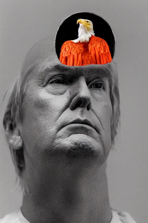 Image similar to Close-up portrait of Donald Trump in jail wearing orange clothes with an American bald eagle on standing on his head, octane, dramatic lighting, editorial photo, 35mm, very detailed