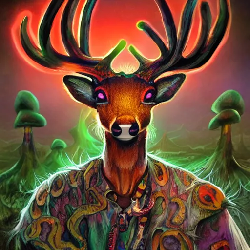 Image similar to 4 k headshot portrait of a psychedelic demonic anthropomorphic deer with mushroom themed clothes, magic mushroom village in background by jeff easley, award winning, stylized neon, post - processing, masterpiece, superb resolution. in the art style of junji ito and greg rutkowski. detailed mushroom city in background. hyper realistic anime. perfect art. dalle 2