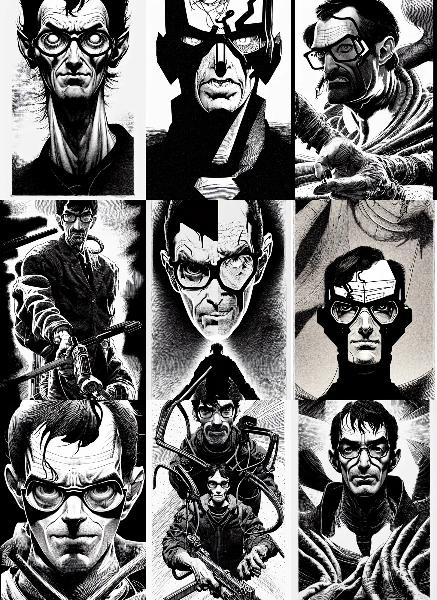 Image similar to half life portrait soft light, by bernie wrightson and killian eng and joe fenton, inspired by akira anime, etching, fine, sharp high detail, screen print,