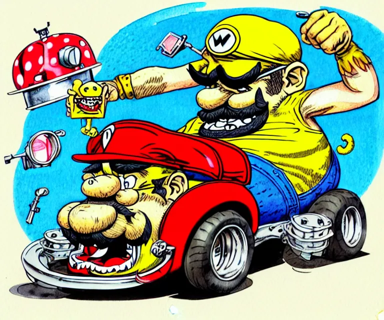 Prompt: cute and funny, wario - troll, wearing a helmet, driving a hotrod, oversized enginee, ratfink style by ed roth, centered award winning watercolor pen illustration, isometric illustration by chihiro iwasaki, the artwork of r. crumb and his cheap suit, cult - classic - comic,