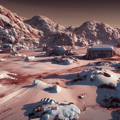 Prompt: a snowy village on mars, 8 k, highly detailed, unreal engine render