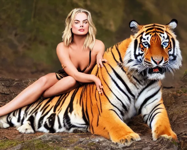 Image similar to A photo of margot robbie sitting on a tiger, highly detailed, detailed face, beautiful face, blue eyes, 4k, hd, sharp, cinematic