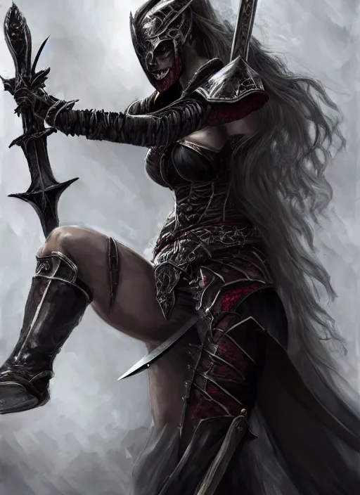 Image similar to female vampire warrior, large two - handed sword, large greatsword, full portrait, enchanting, elegant, lean and muscular, flying, barefoot, foot wraps, exposed toes, black heavy armor, historical armor, metal mask, in the style of ghostblade, wlop, modern fantasy, realistic proportions.