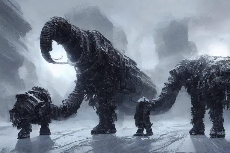 Image similar to an intricate futuristic black steam train and a giant mammoth, post - apocalyptic ice landscape in snowstorm, concept art, artstation, highly detailed, digital art