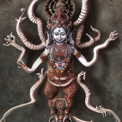 Image similar to dark Hindu deity, with 8 arms, ultra realistic, fantasy, very intricate, organic, ghibli style, trending on artstation