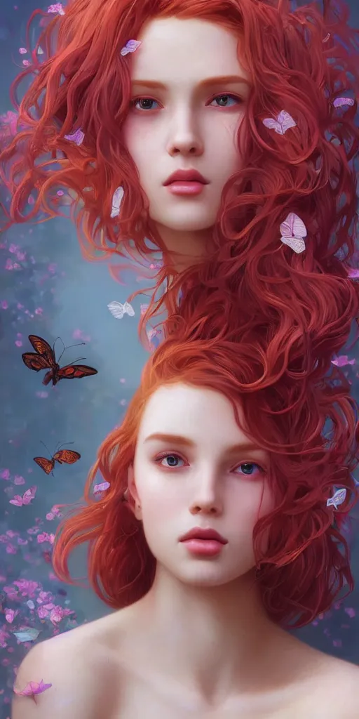 Prompt: beautiful, young woman, extremely detailed gorgeous face, red hair, sad eyes tears, vaporwave, sexy, aesthetic, synthwave, photo-realistic face, digital, flowers, butterflies, birds, painting, artstation, concept art, smooth, sharp focus, illustration, art by artgerm and greg rutkowski and alphonse mucha