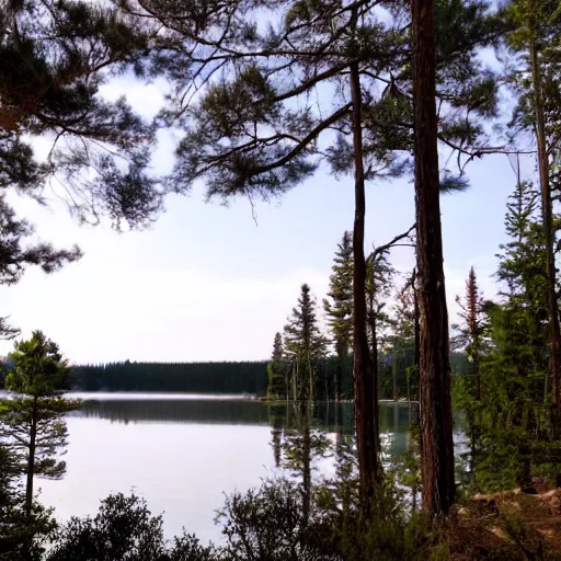 Prompt: photo of the lake in pine forest