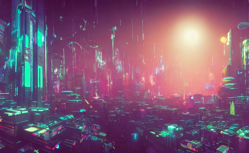 Prompt: Wide angle shot of a cyberpunk city with holographic fishes floating in the sky by Petros Afshar and Beeple, James Gilleard, Mark Ryden, Wolfgang Lettl highly detailed, Dark cineamtic and atmospheric lighting