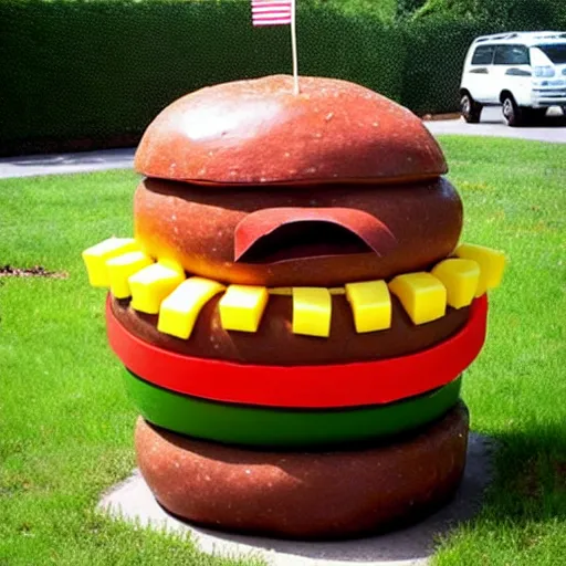 Prompt: cheeseburger sculpture made out of empty plastic bottles.