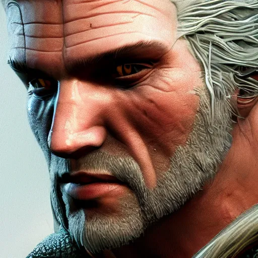 Image similar to close up of Geralt of Rivia, depth of field, 8k, 35mm film grain, unreal engine 5 render dramatic, intricate, elegant, highly detailed, digital painting, artstation, concept art, smooth, sharp focus, illustration, octane render, art by Leesha Hannigan, Ross Tran, Thierry Doizon, Kai Carpenter, Ignacio Fernández Ríos