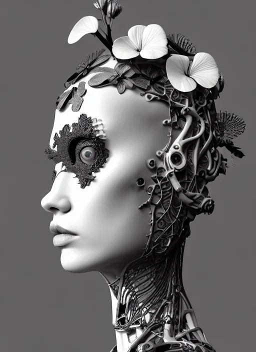 Image similar to monochrome 3 d model, biomechanical beautiful young female cyborg with porcelain profile face and a big floral eye, volumetric light, leaves foliage and stems, hibiscus flowers, boho floral vines, sinuous fine roots, fine foliage lace, alexander mcqueen, rim light, big gothic fashion pearl embroidered collar, steampunk, octane render, 8 k