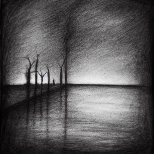 Image similar to A walk along the lake, that was the last time I saw them, charcoal styled art, depressing, sorrow, sadness, turmoil