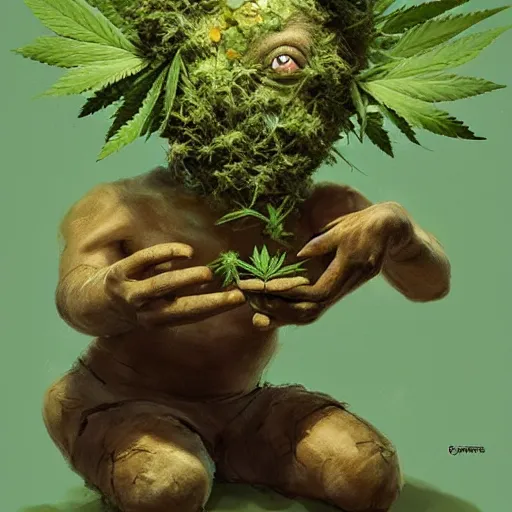 Image similar to a cute little man made of hemp, with a head in the form of a cannabis bloom, like baby grut, green skin, character, art by james jean and greg rutkowski!!, realistic face, digital art, chibi style, golden ratio, perfect composition, trending on artstation, 8 k