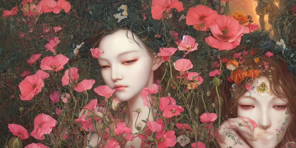 Image similar to breathtaking detailed concept art painting of the goddess of poppy flower, orthodox saint, with anxious, piercing eyes, ornate background, amalgamation of leaves and flowers, by hsiao - ron cheng and john james audubon and miho hirano, extremely moody lighting, 8 k