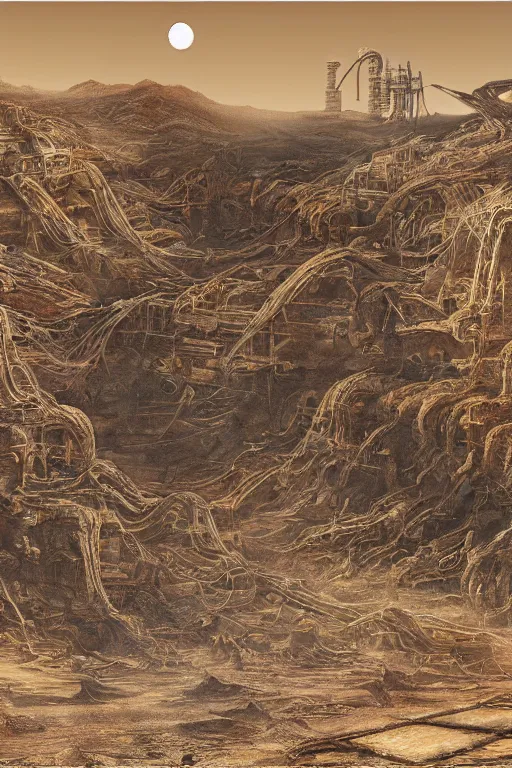 Image similar to industrial minning entrance in a quarry in the middle of the desert of Mars planet at night dust storm concept art by yoshitaka amano and H.R. Giger, intricate detail, 8k, featured art