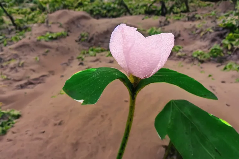 Image similar to a flower made by kia during a sandstrom in a rainforest