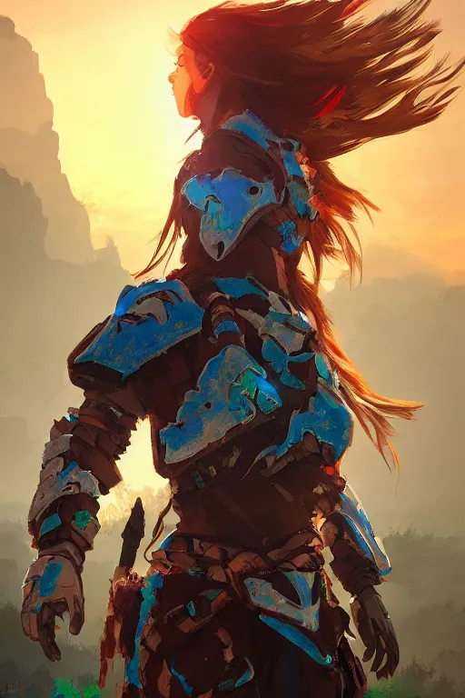 Image similar to combination suit armor aloy horizon forbidden west horizon zero dawn radiating a glowing aura global illumination ray tracing hdr fanart arstation by ian pesty and alena aenami artworks in 4 k tribal robot ninja mask helmet backpack