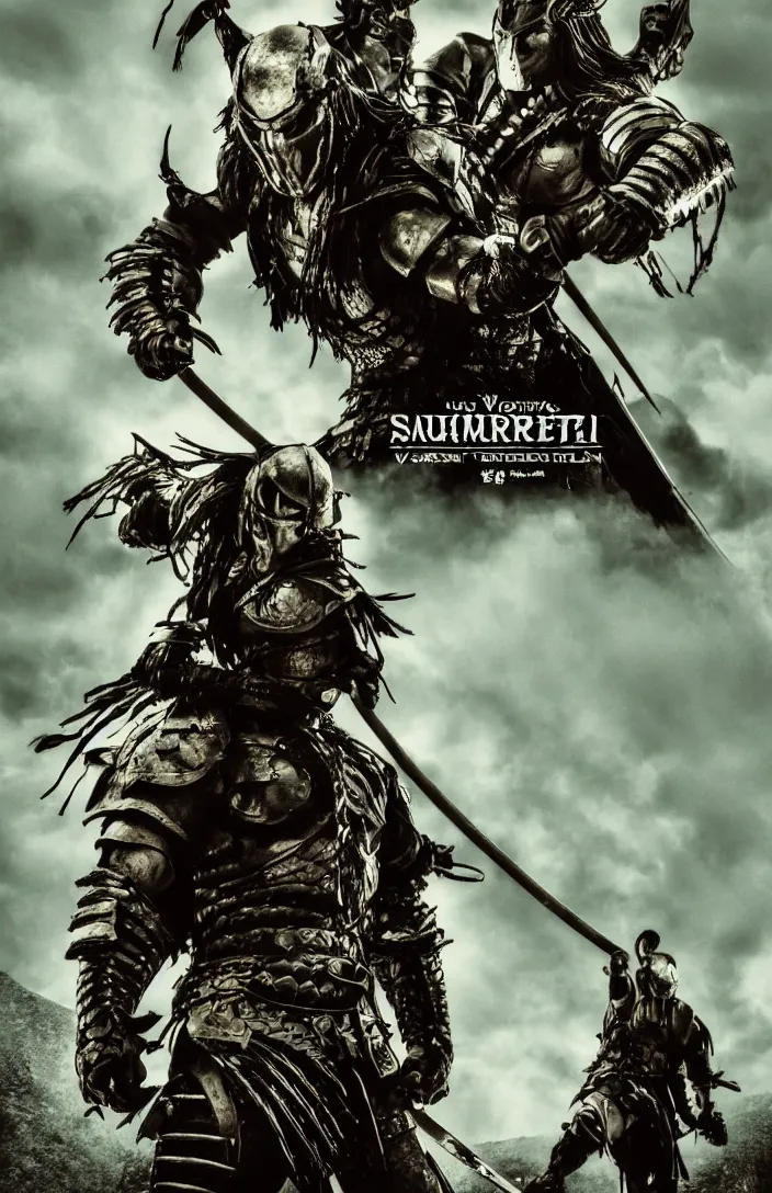 Image similar to movie film poster art for samurai vs predator film shot in feudal japan staring hiroyuki sanada. in the style of ansel adams, frank frazzetta, warcraft